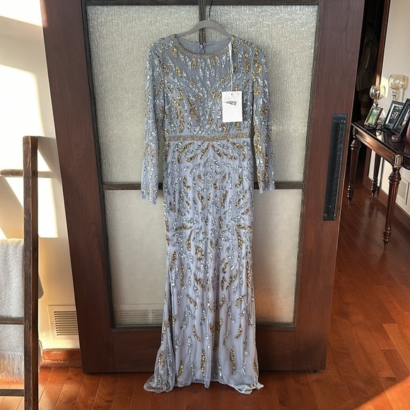 Mac Duggal BEADED LONG SLEEVE EVENING GOWN size 8 in platinum gold NEW $598 - Picture 5 of 12